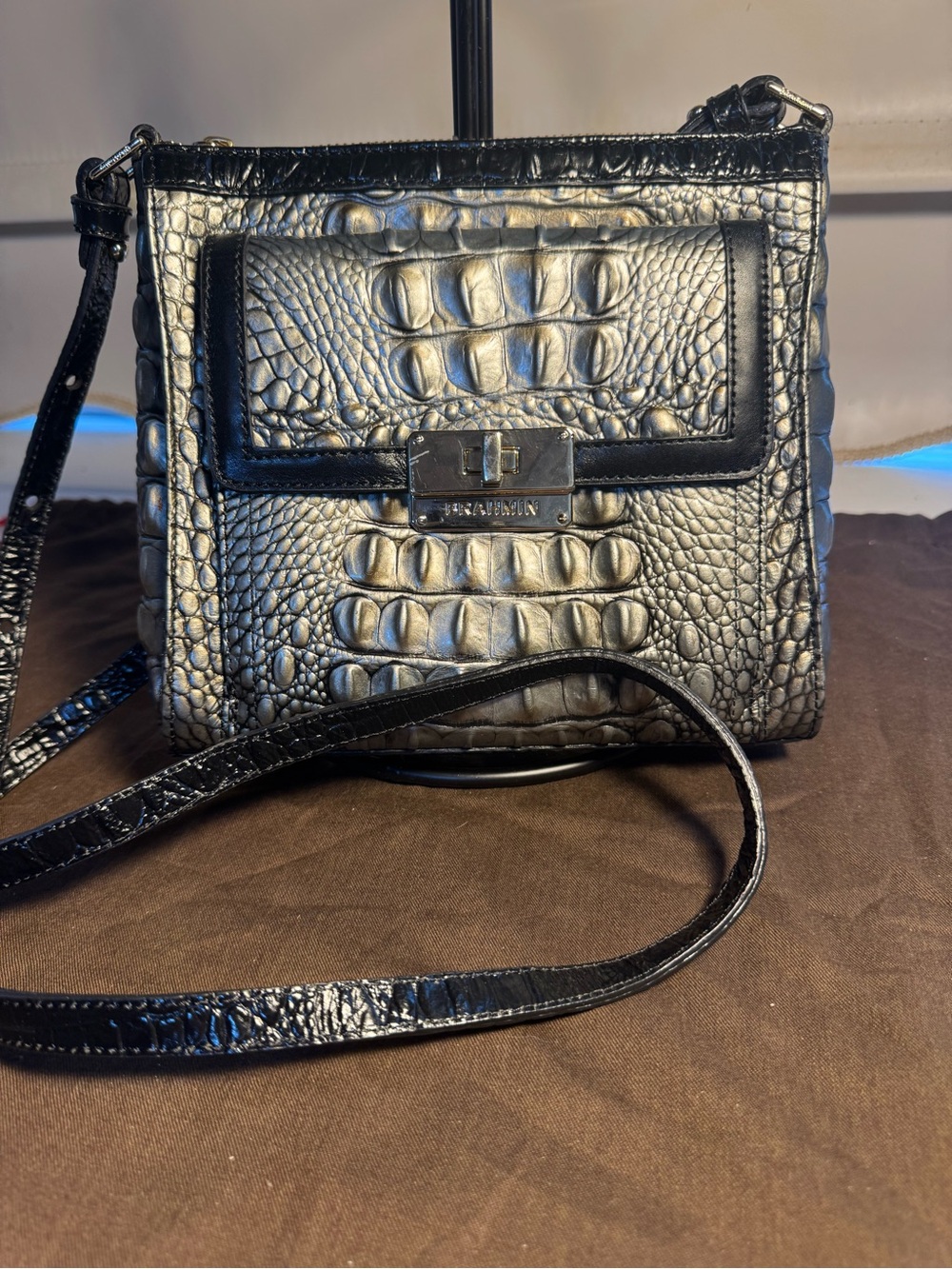 Brahmin Black Metallic Croc-Embossed Crossbody